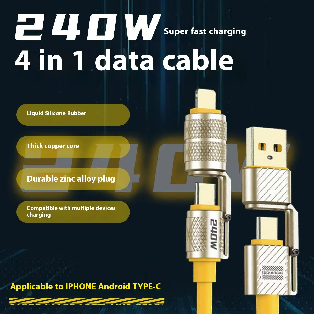 Fast Charging Data Cable, Four-in-One, 120W Zinc Alloy
